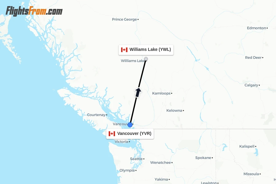 Flights from Vancouver to Williams Lake route map