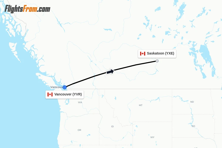 Flights from Vancouver to Saskatoon route map