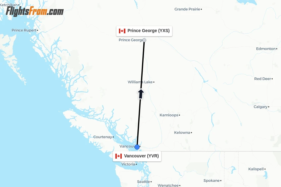 Flights from Vancouver to Prince George route map