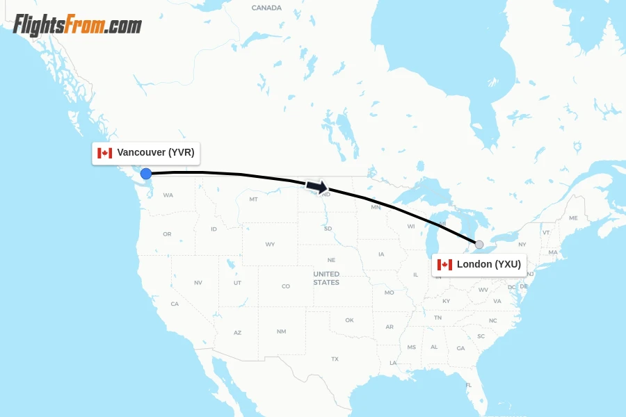 Flights from Vancouver to London route map