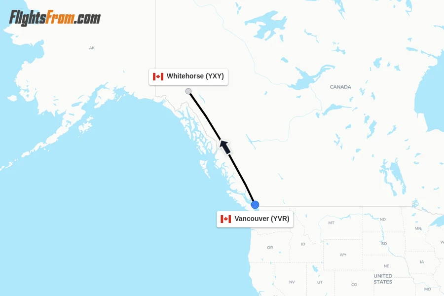 Flights from Vancouver to Whitehorse route map