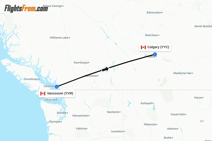 Flights from Vancouver to Calgary route map