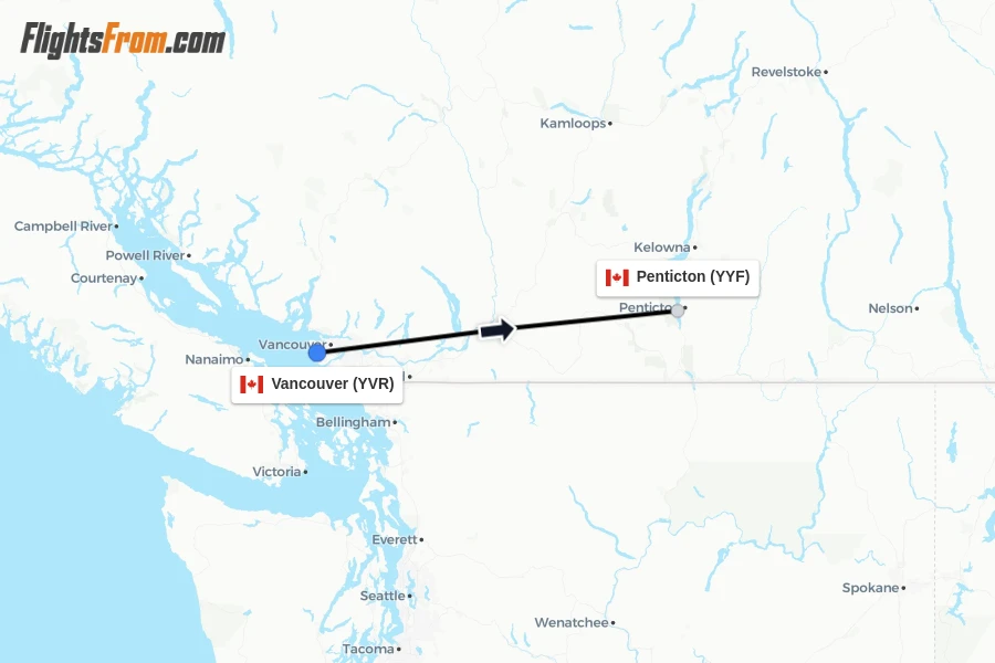 Flights from Vancouver to Penticton route map