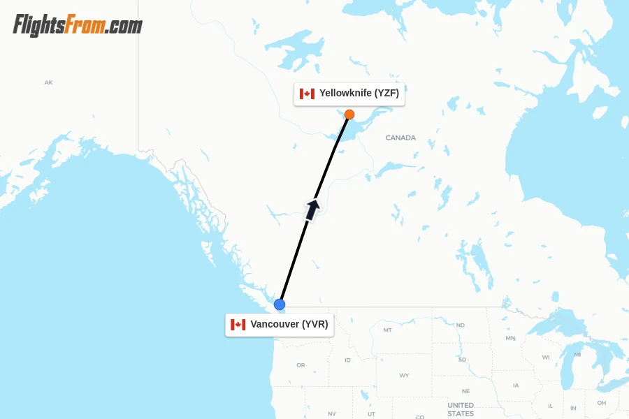 Flights from Vancouver to Yellowknife route map