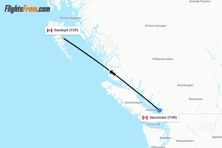 Flights from Vancouver to Sandspit route map
