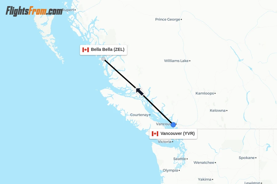Flights from Vancouver to Bella Bella route map