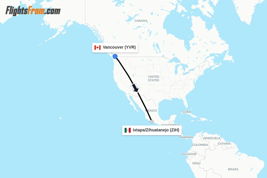 Flights from Vancouver to Ixtapa/Zihuatanejo route map