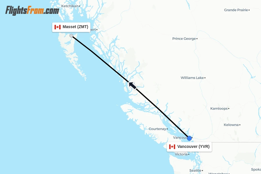 Flights from Vancouver to Masset route map