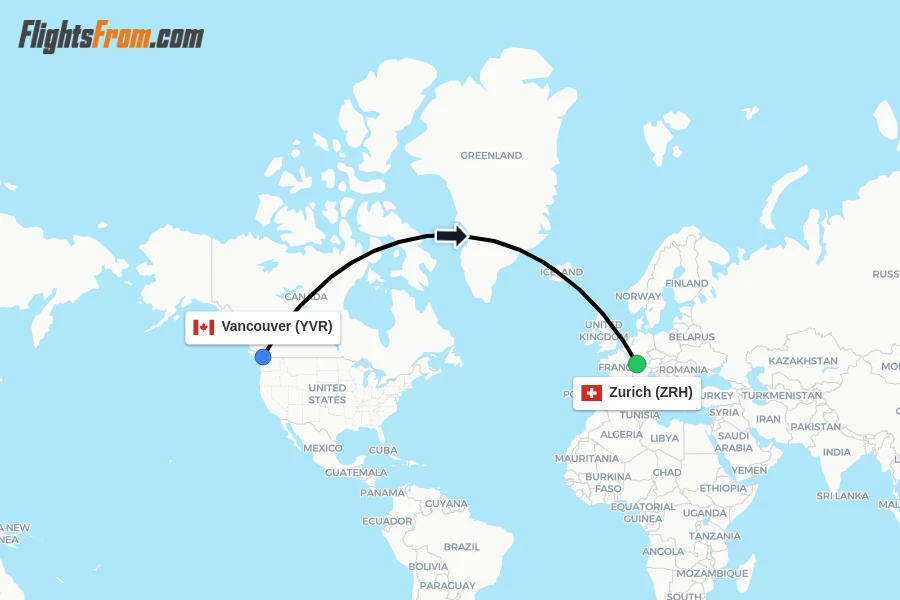 Flights from Vancouver to Zurich route map