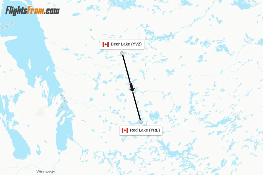 Flights from Deer Lake to Red Lake route map