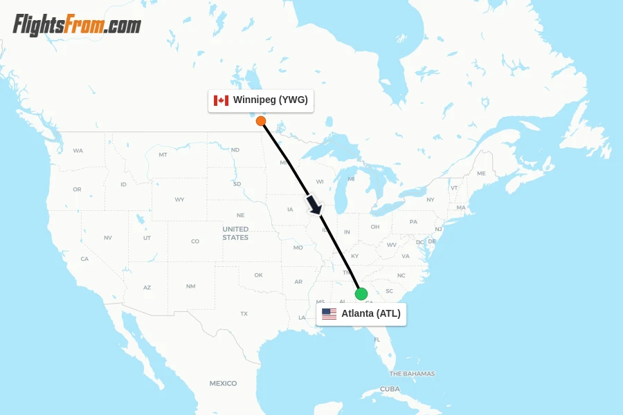 Flights from Winnipeg to Atlanta route map