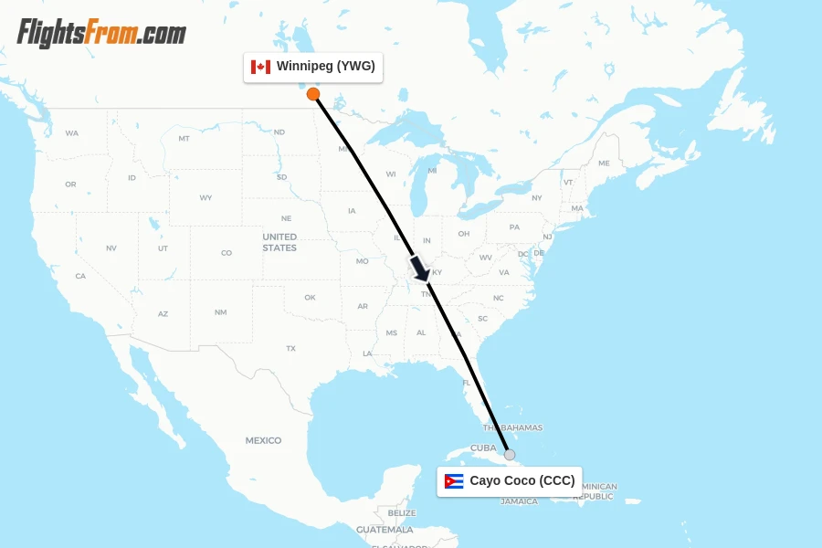 Flights from Winnipeg to Cayo Coco route map