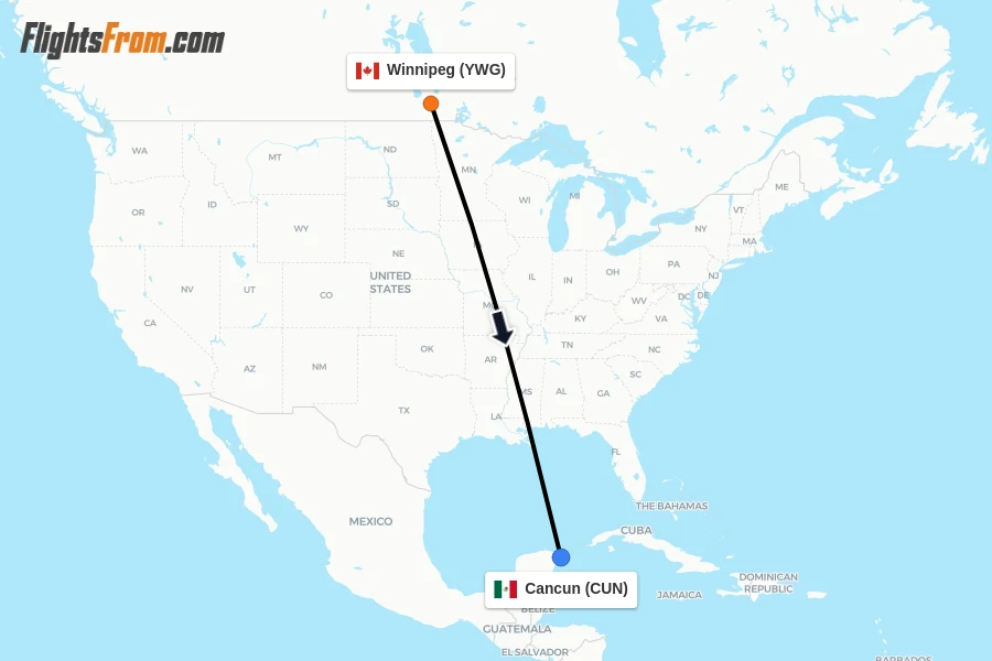 Flights from Winnipeg to Cancun route map