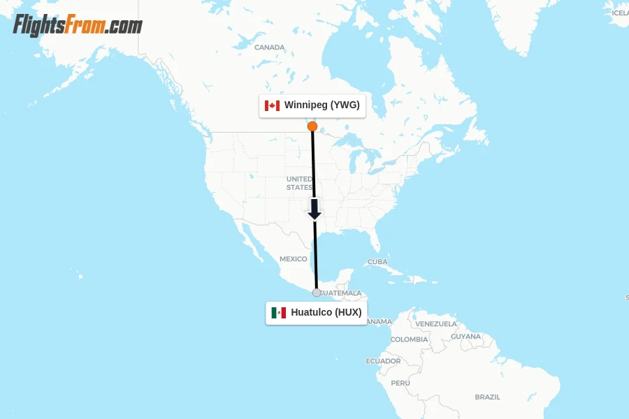 Flights from Winnipeg to Huatulco route map