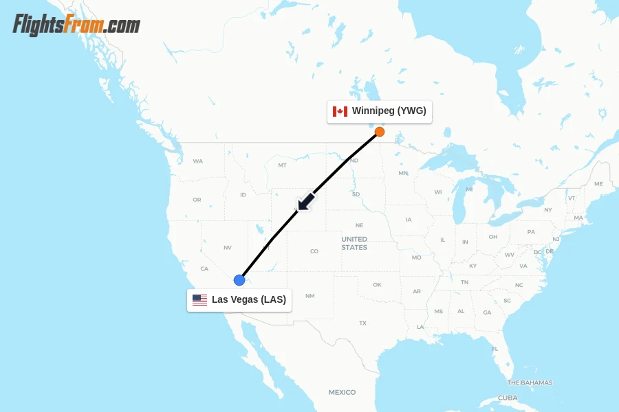 Flights from Winnipeg to Las Vegas route map