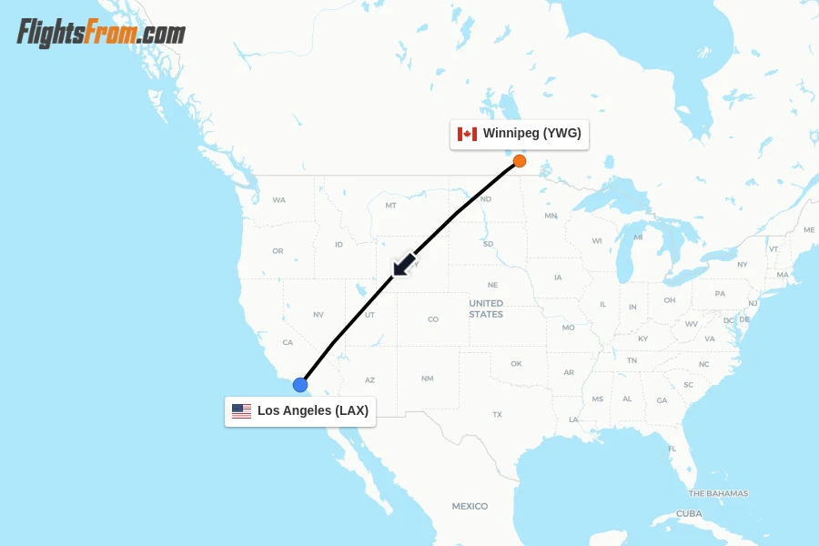 Flights from Winnipeg to Los Angeles route map