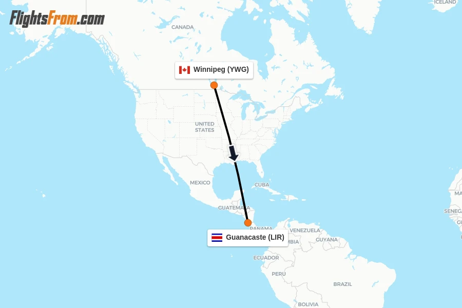 Flights from Winnipeg to Guanacaste route map