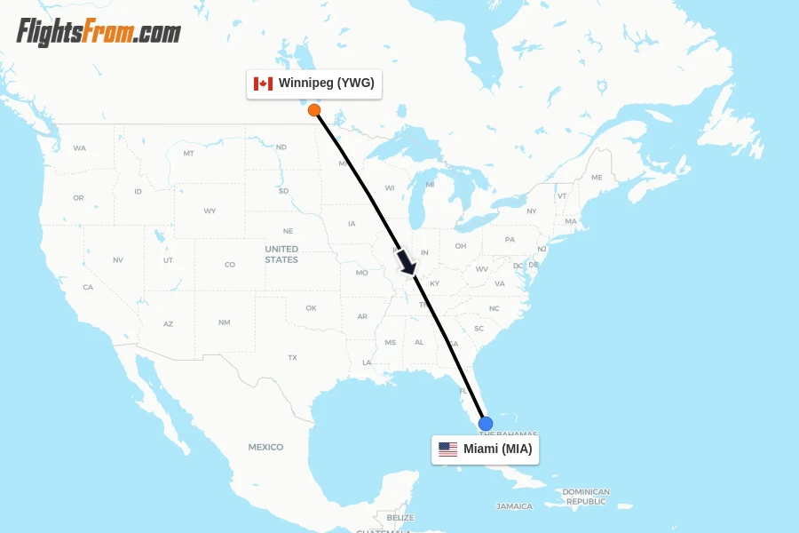 Flights from Winnipeg to Miami route map