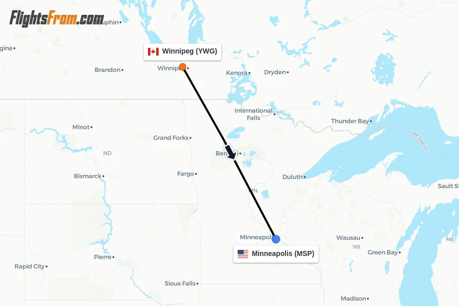 Flights from Winnipeg to Minneapolis route map
