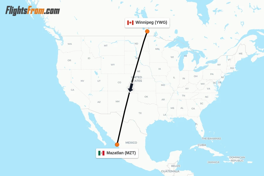 Flights from Winnipeg to Mazatlan route map