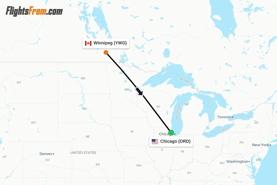 Flights from Winnipeg to Chicago route map