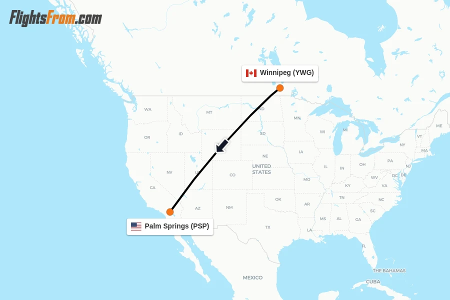Flights from Winnipeg to Palm Springs route map