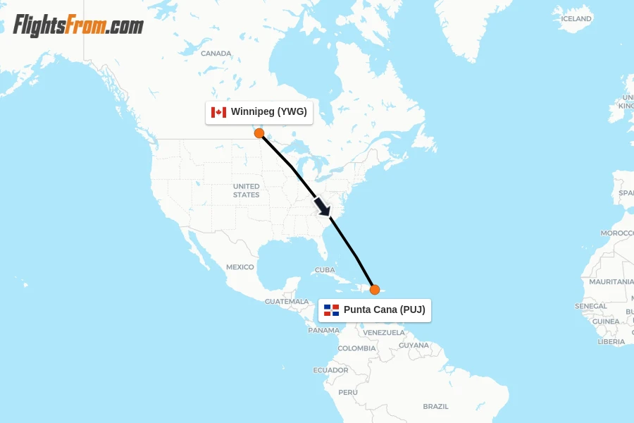 Flights from Winnipeg to Punta Cana route map
