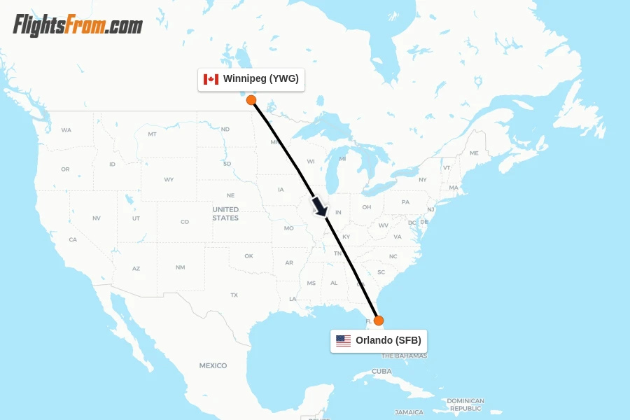 Flights from Winnipeg to Orlando route map