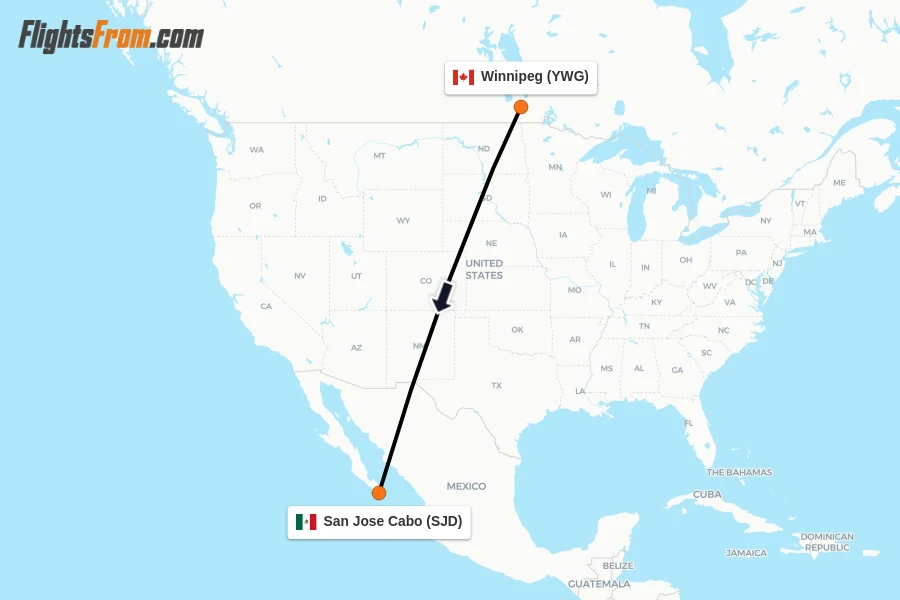 Flights from Winnipeg to San Jose Cabo route map