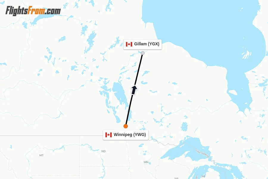 Flights from Winnipeg to Gillam route map