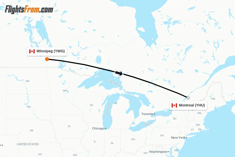 Flights from Winnipeg to Montreal route map