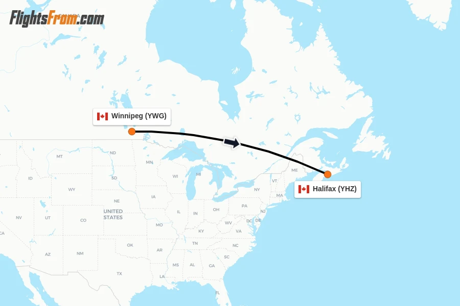 Flights from Winnipeg to Halifax route map