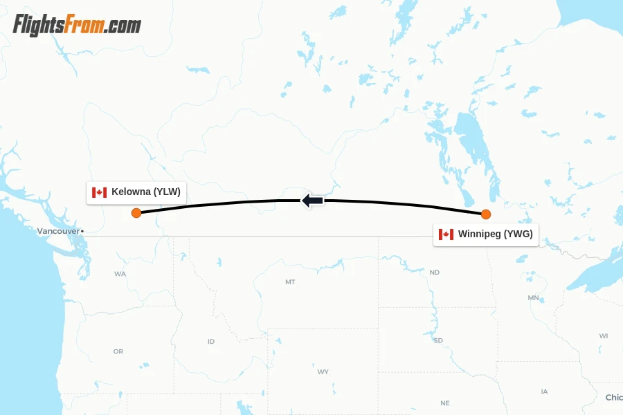 Flights from Winnipeg to Kelowna route map