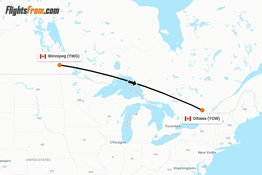 Flights from Winnipeg to Ottawa route map