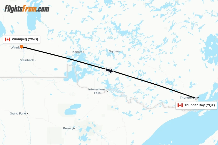 Flights from Winnipeg to Thunder Bay route map