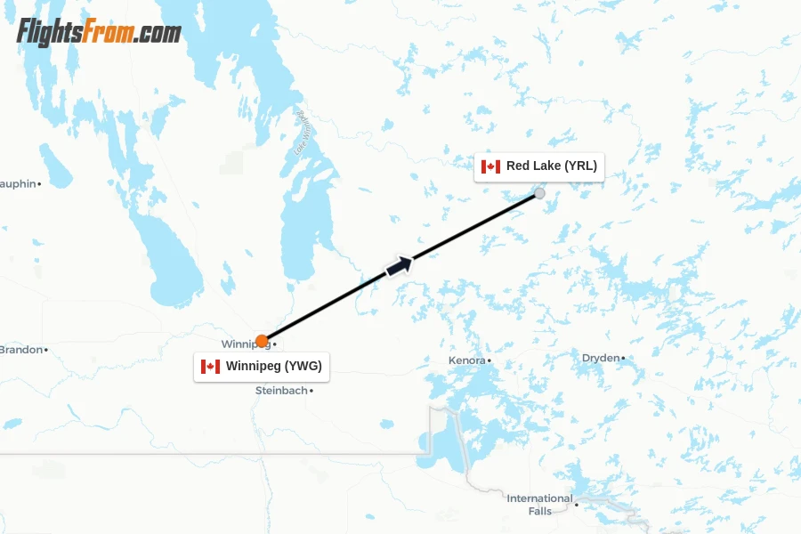 Flights from Winnipeg to Red Lake route map