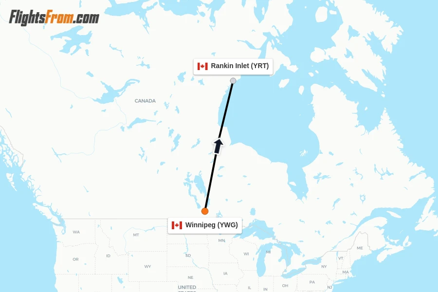Flights from Winnipeg to Rankin Inlet route map