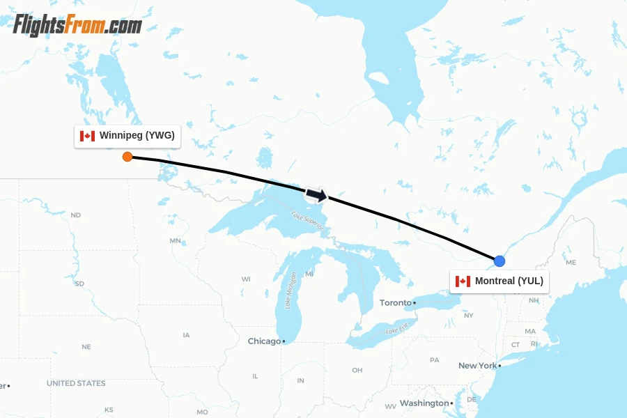 Flights from Winnipeg to Montreal route map