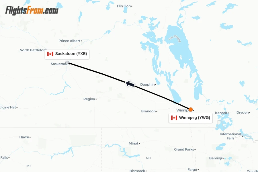 Flights from Winnipeg to Saskatoon route map