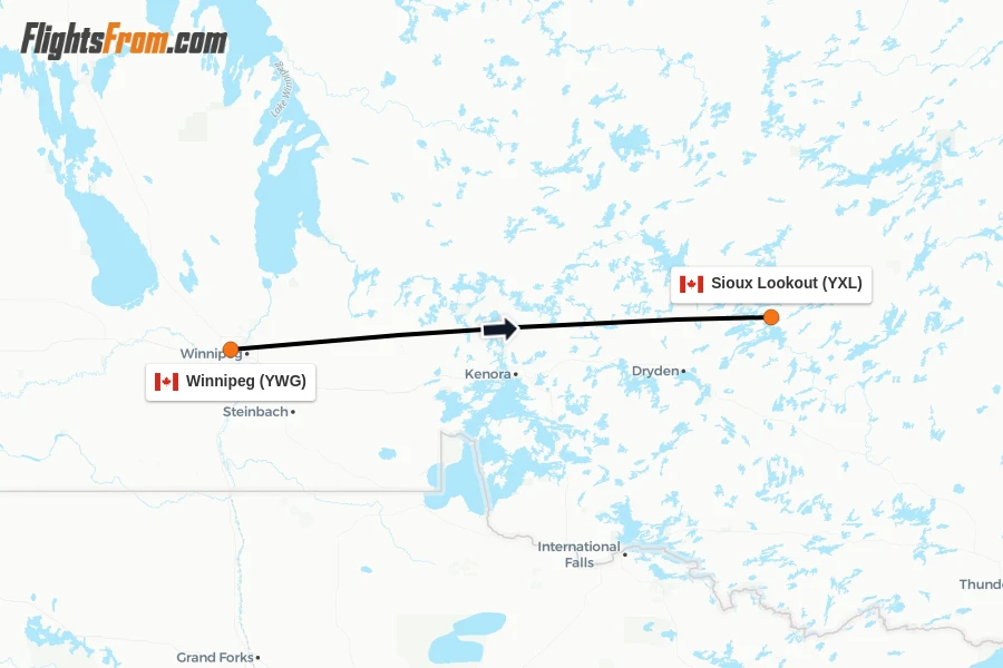 Flights from Winnipeg to Sioux Lookout route map