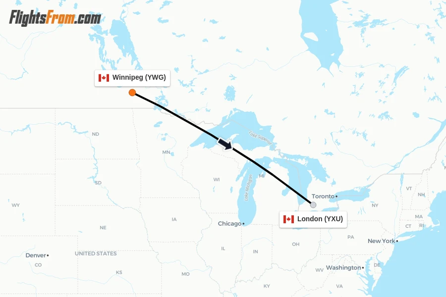 Flights from Winnipeg to London route map