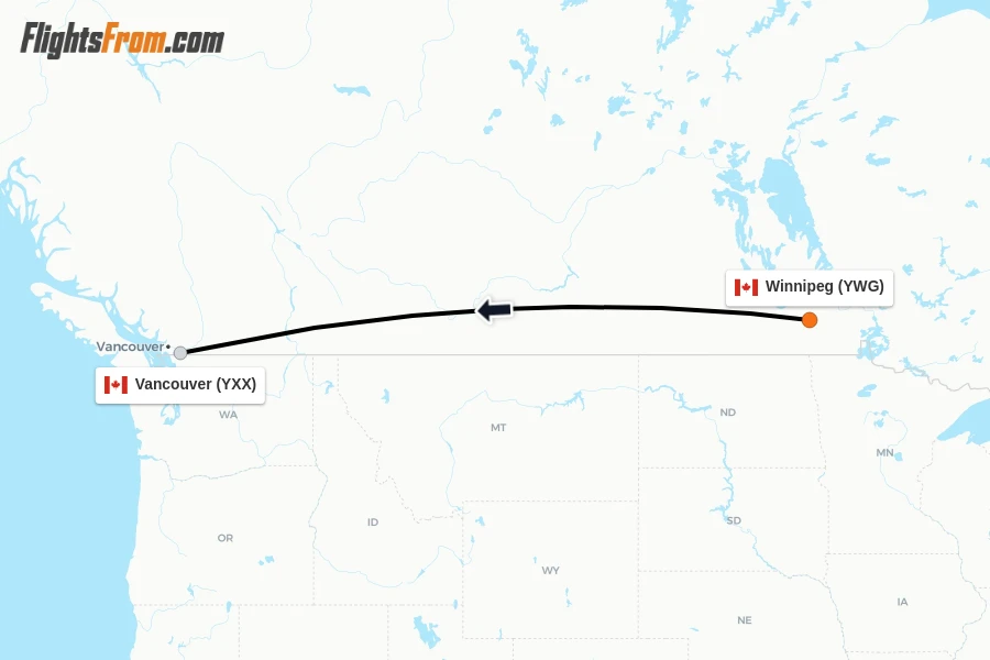 Flights from Winnipeg to Vancouver route map