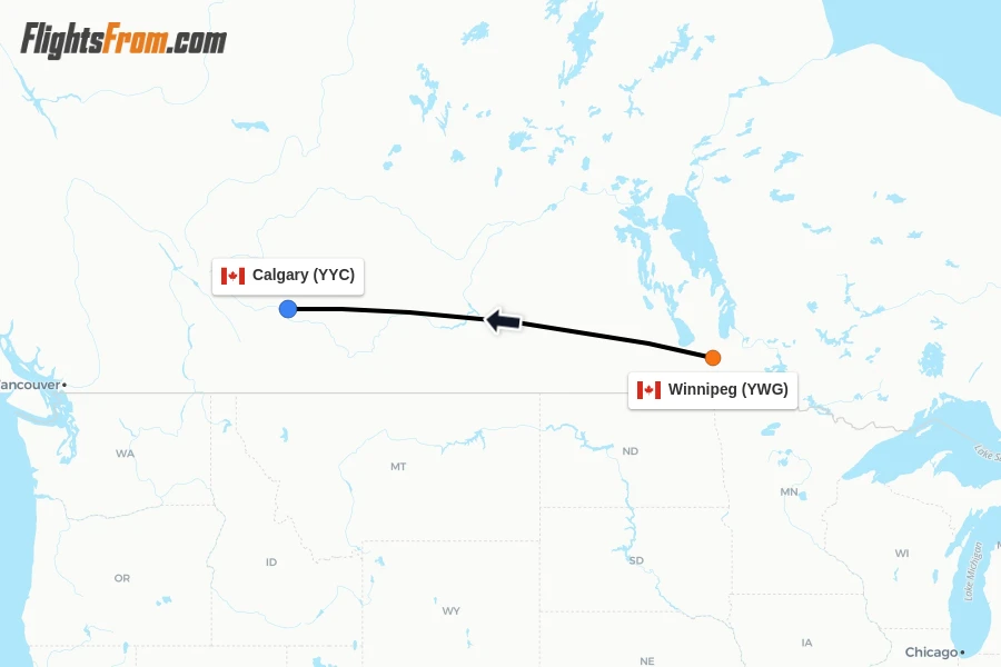 Flights from Winnipeg to Calgary route map