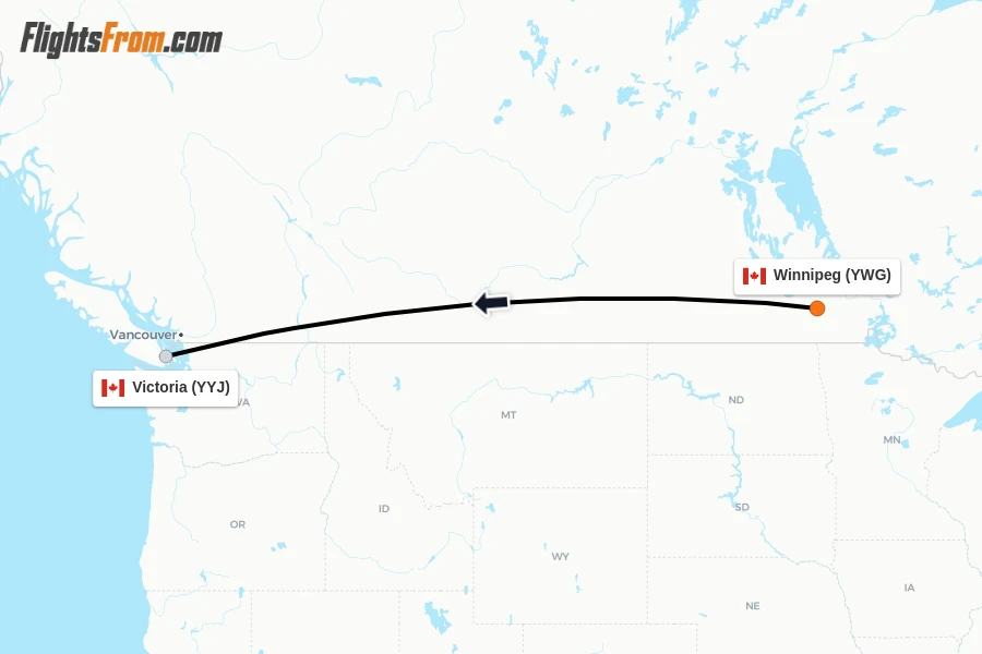 Flights from Winnipeg to Victoria route map