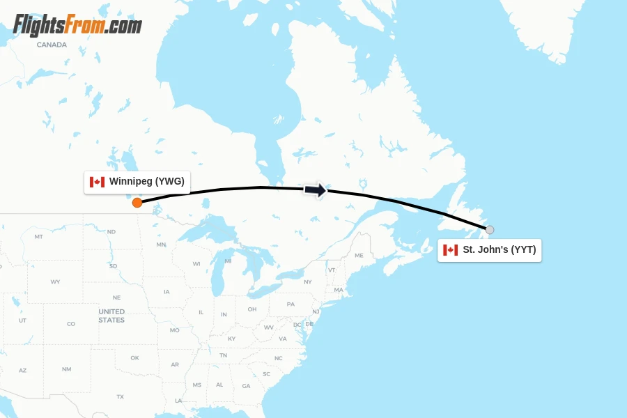 Flights from Winnipeg to St. John's route map
