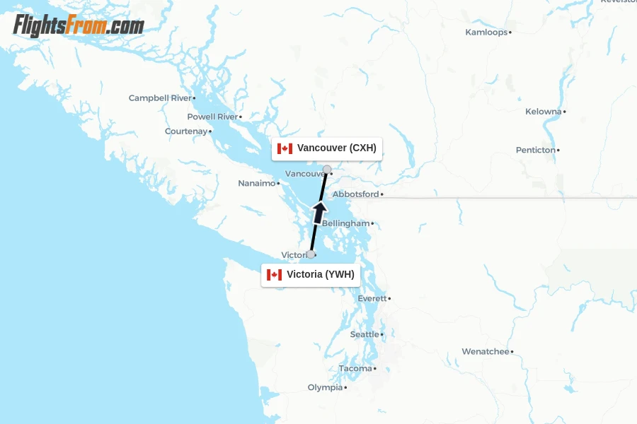 Flights from Victoria to Vancouver route map
