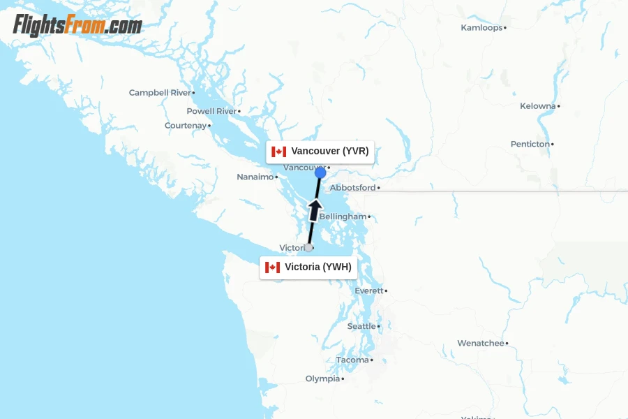 Flights from Victoria to Vancouver route map