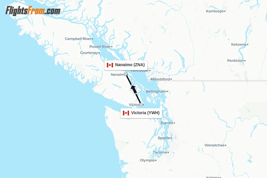 Flights from Victoria to Nanaimo route map