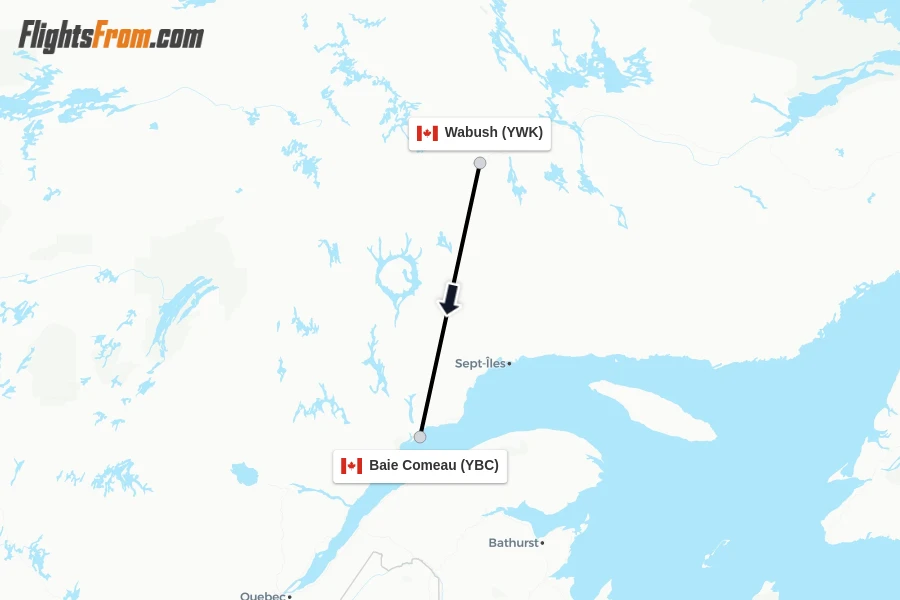 Flights from Wabush to Baie Comeau route map