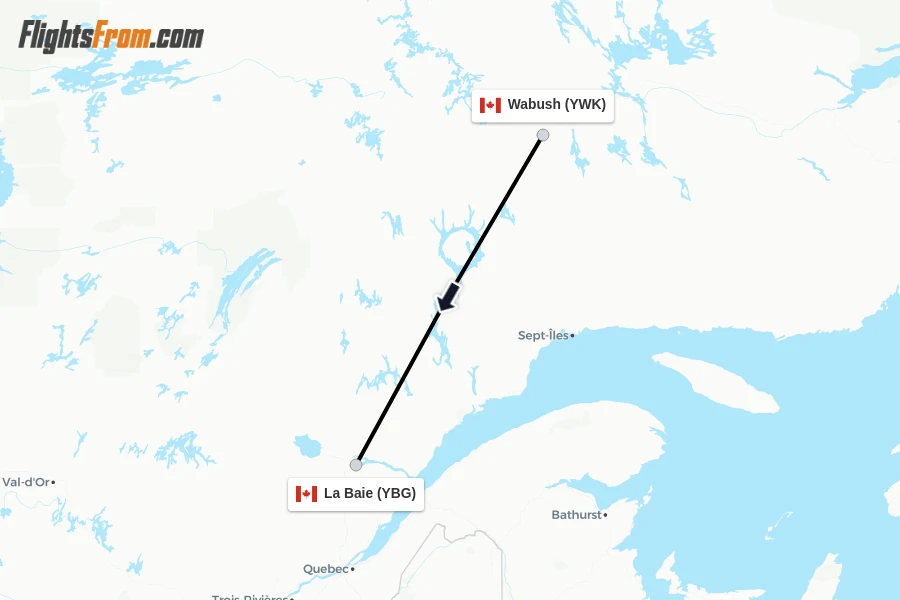 Flights from Wabush to La Baie route map
